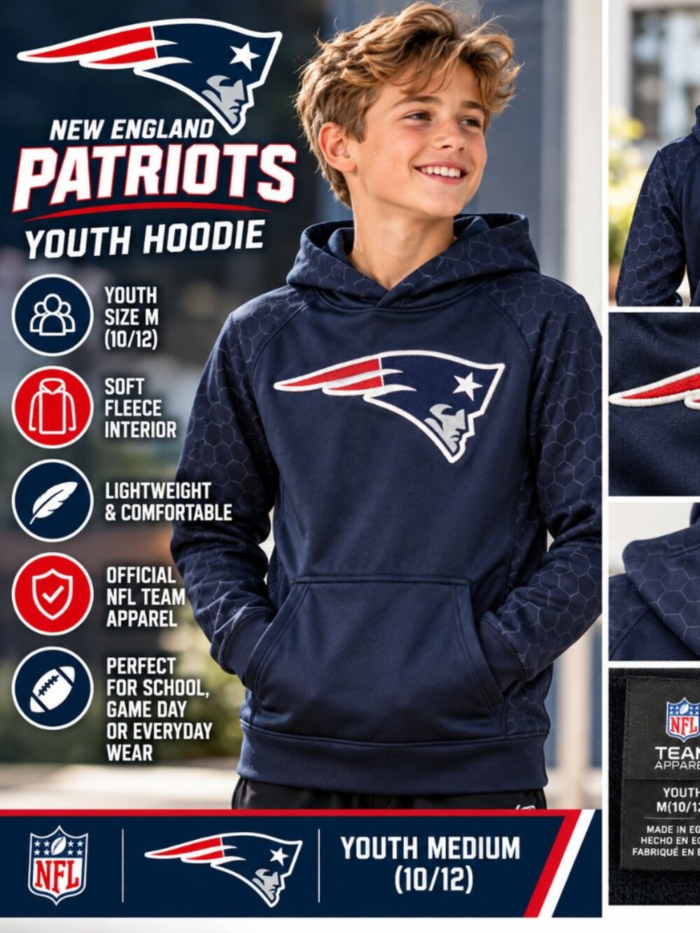 New England Patriots NFL Youth Hoodie – Size M (10/12)